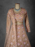 Blush Peach Floral Embroidered Crop Top Lehenga Set in Net with Sequin & Thread Work