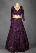 Wine Purple Sequin Embroidered Crop Top Lehenga with Net Dupatta