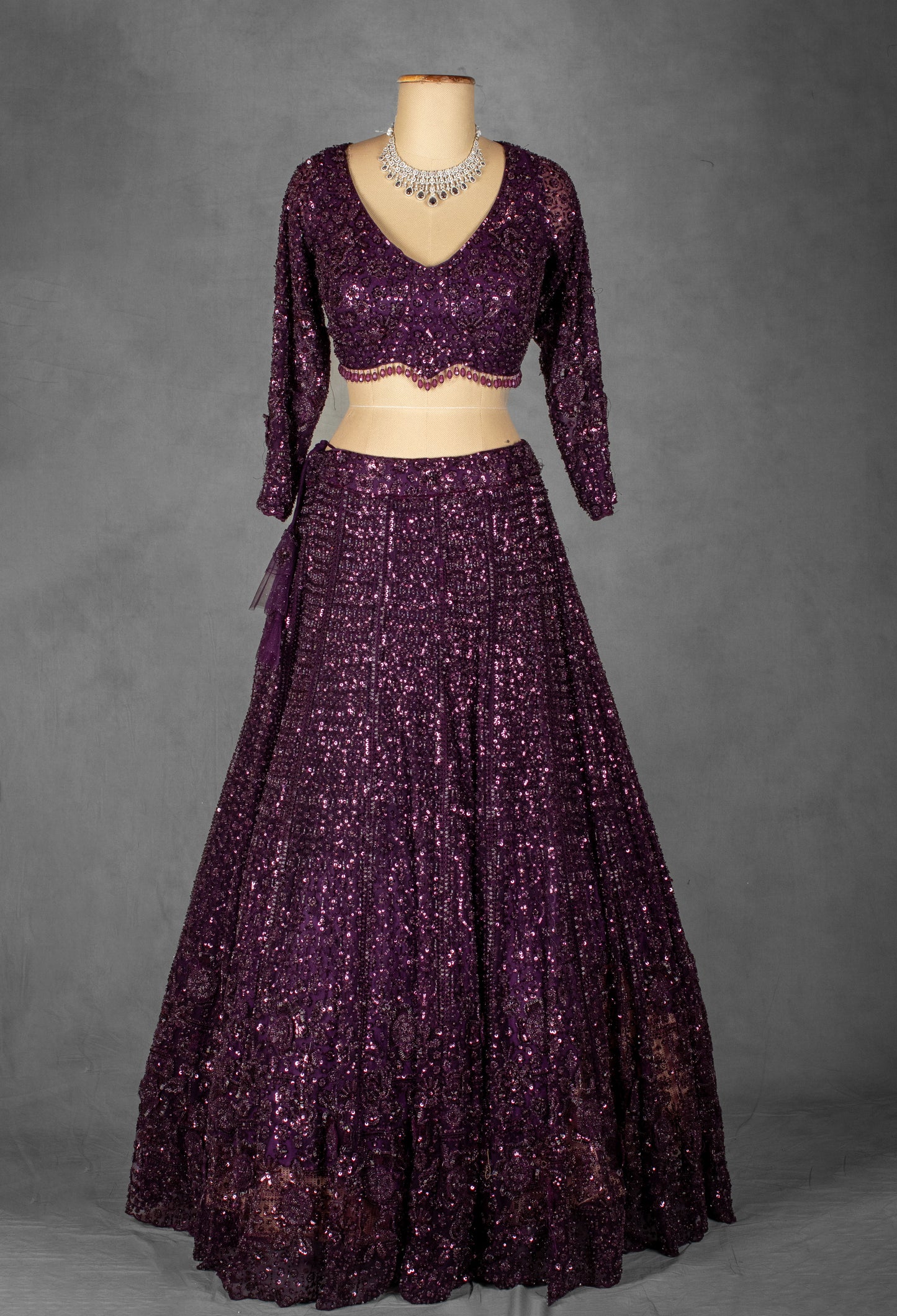 Wine Purple Sequin Embroidered Crop Top Lehenga with Net Dupatta