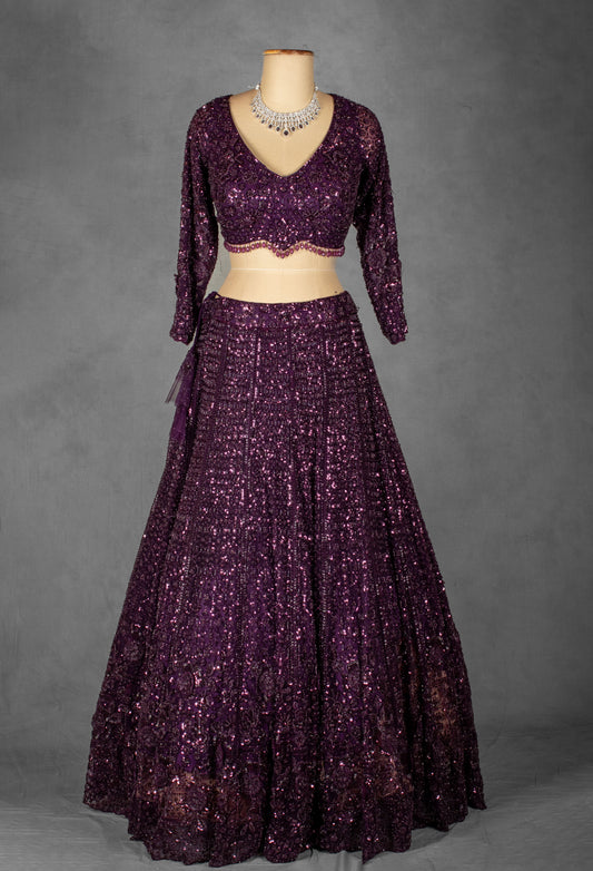 Wine Purple Sequin Embroidered Crop Top Lehenga with Net Dupatta