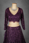 Wine Purple Sequin Embroidered Crop Top Lehenga with Net Dupatta