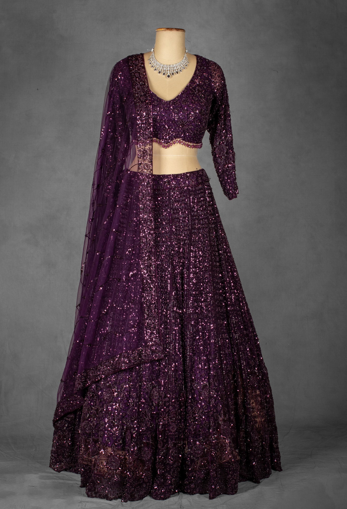 Wine Purple Sequin Embroidered Crop Top Lehenga with Net Dupatta