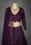 Wine Purple Sequin Embroidered Crop Top Lehenga with Net Dupatta