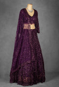 Wine Purple Sequin Embroidered Crop Top Lehenga with Net Dupatta