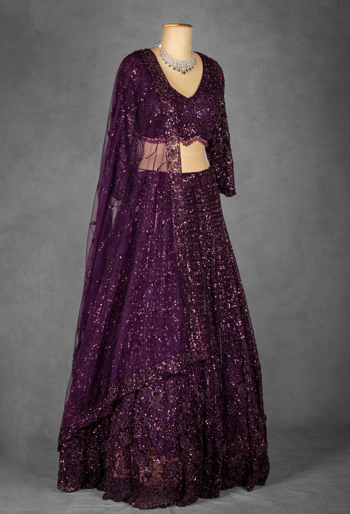 Wine Purple Sequin Embroidered Crop Top Lehenga with Net Dupatta