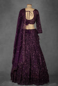 Wine Purple Sequin Embroidered Crop Top Lehenga with Net Dupatta