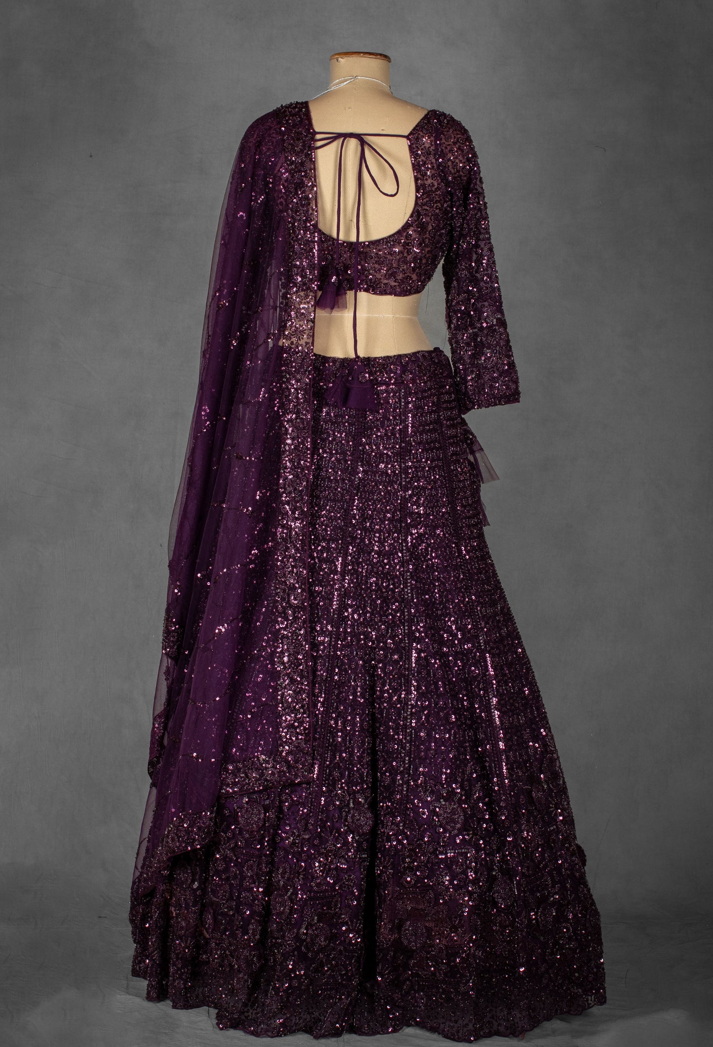 Wine Purple Sequin Embroidered Crop Top Lehenga with Net Dupatta