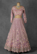Dusty Mauve Embroidered Crop Top Lehenga with Floral Detailing & Net Dupatta –