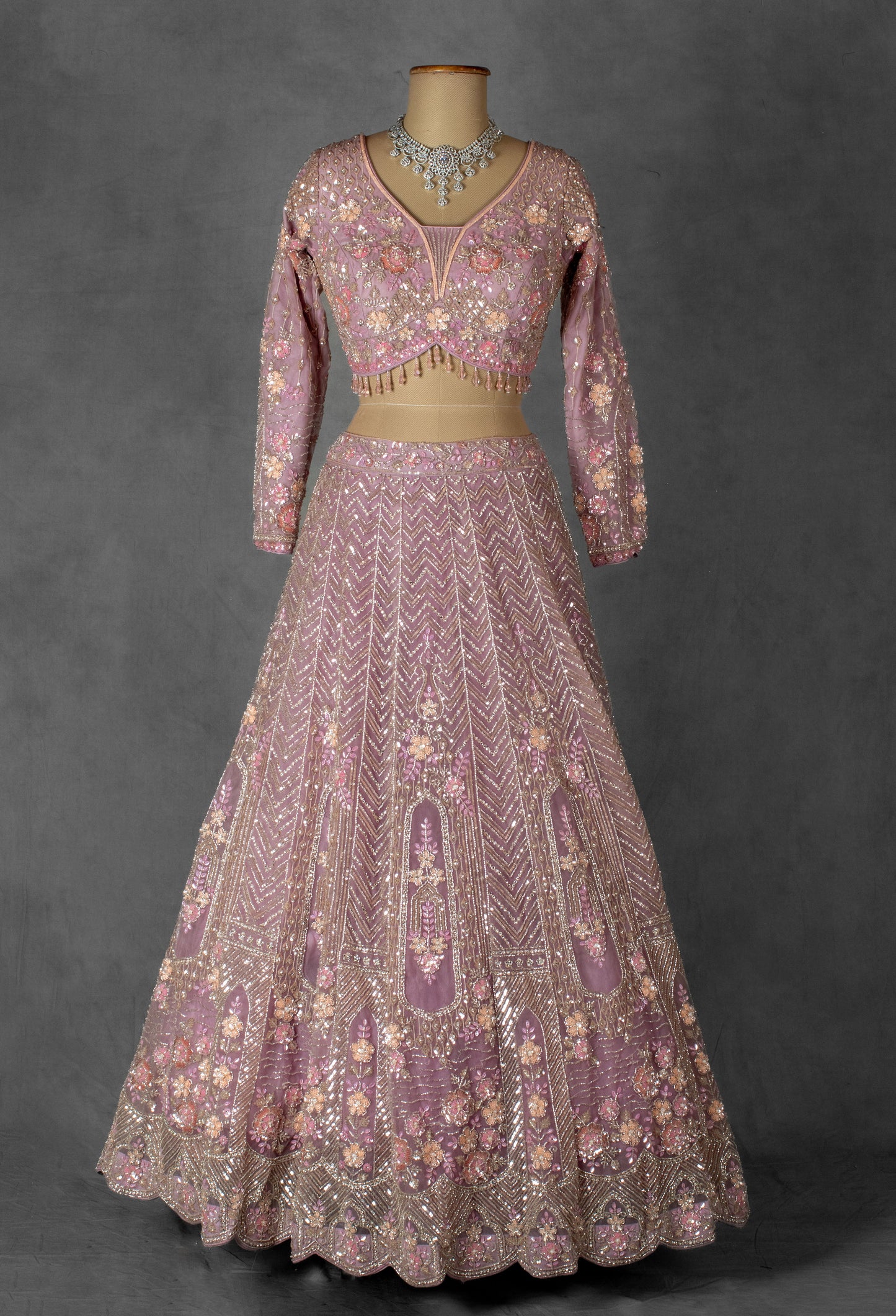 Dusty Mauve Embroidered Crop Top Lehenga with Floral Detailing & Net Dupatta –