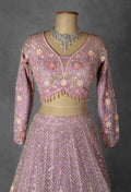 Dusty Mauve Embroidered Crop Top Lehenga with Floral Detailing & Net Dupatta –