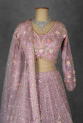 Dusty Mauve Embroidered Crop Top Lehenga with Floral Detailing & Net Dupatta –