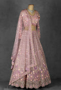 Dusty Mauve Embroidered Crop Top Lehenga with Floral Detailing & Net Dupatta –