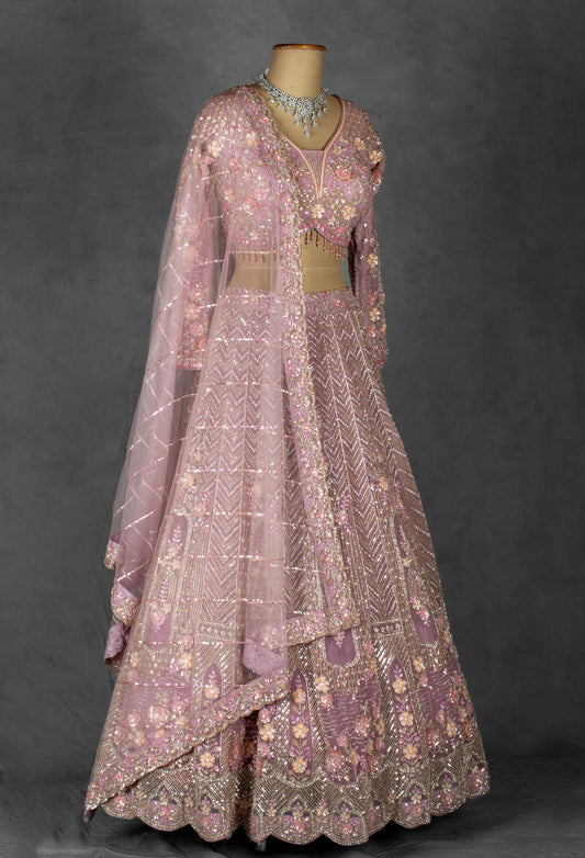 Dusty Mauve Embroidered Crop Top Lehenga with Floral Detailing & Net Dupatta –