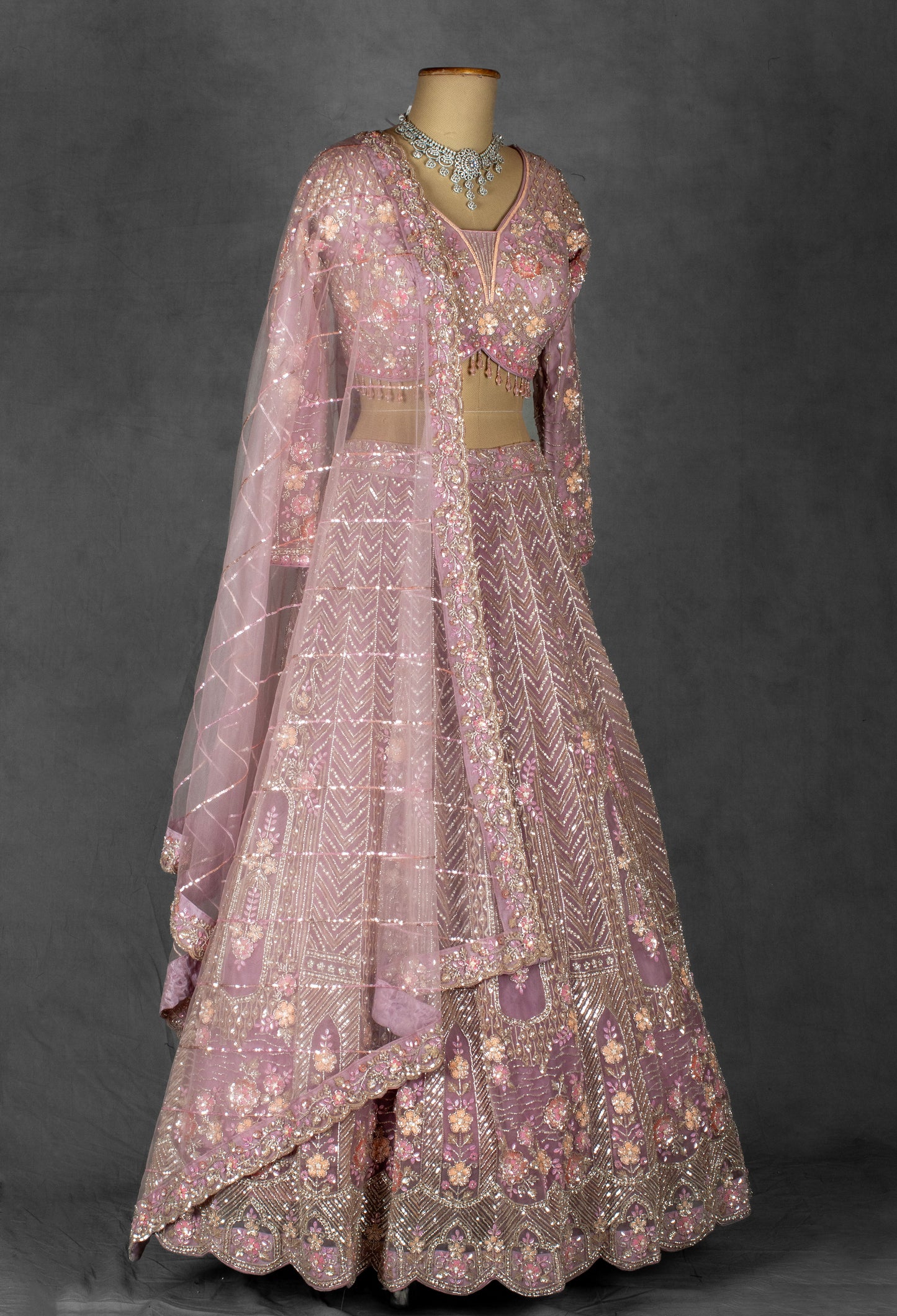 Soft Pink Heavy Embroidered Crop Top Lehenga with Net Dupatta