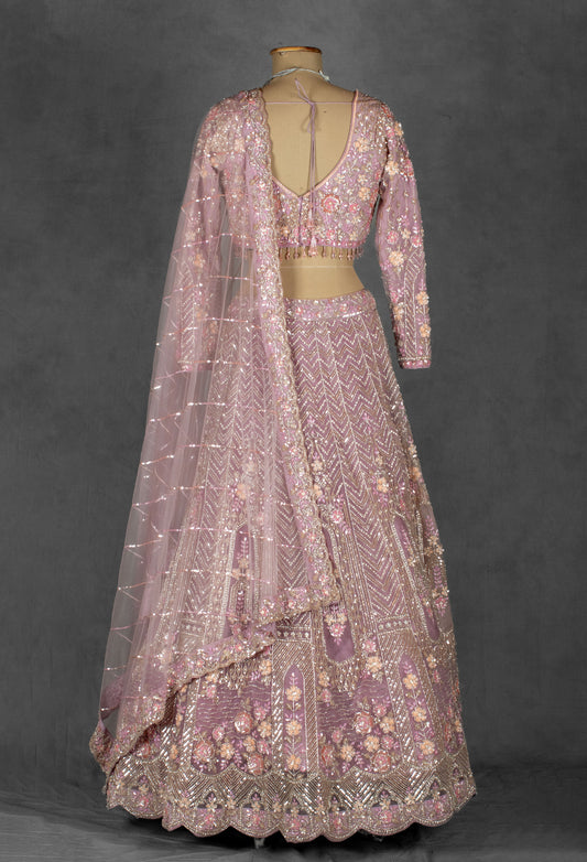 Dusty mauve embroidered lehenga with floral detailing and net dupatta – product image 2