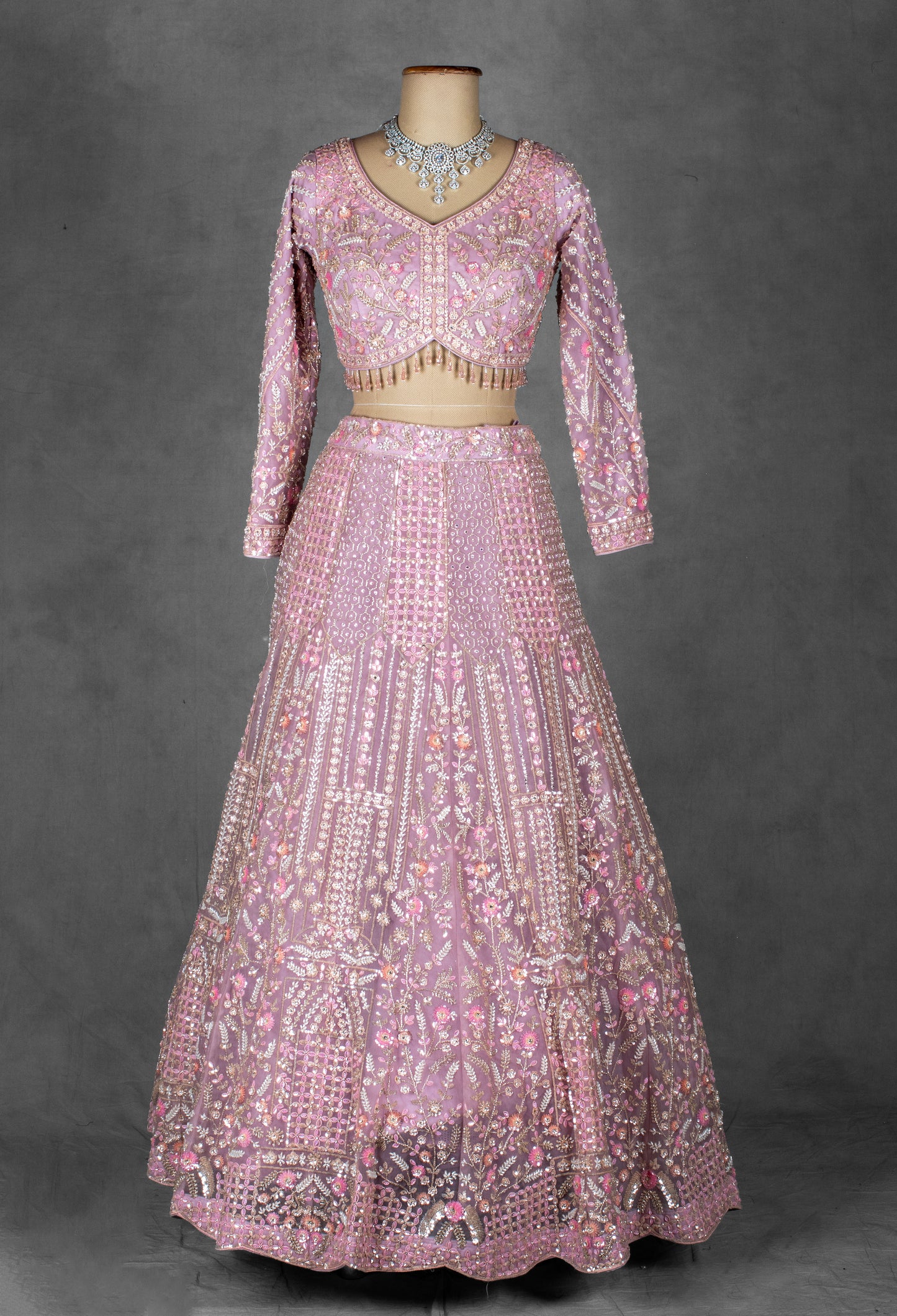 Soft Pink Heavy Embroidered Crop Top Lehenga with Net Dupatta