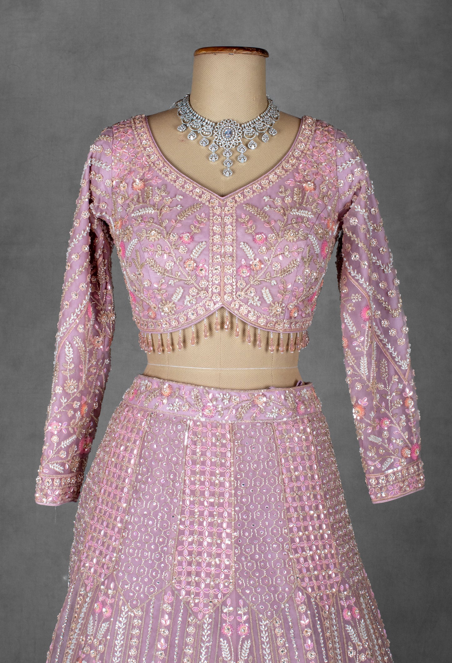 Soft Pink Heavy Embroidered Crop Top Lehenga with Net Dupatta