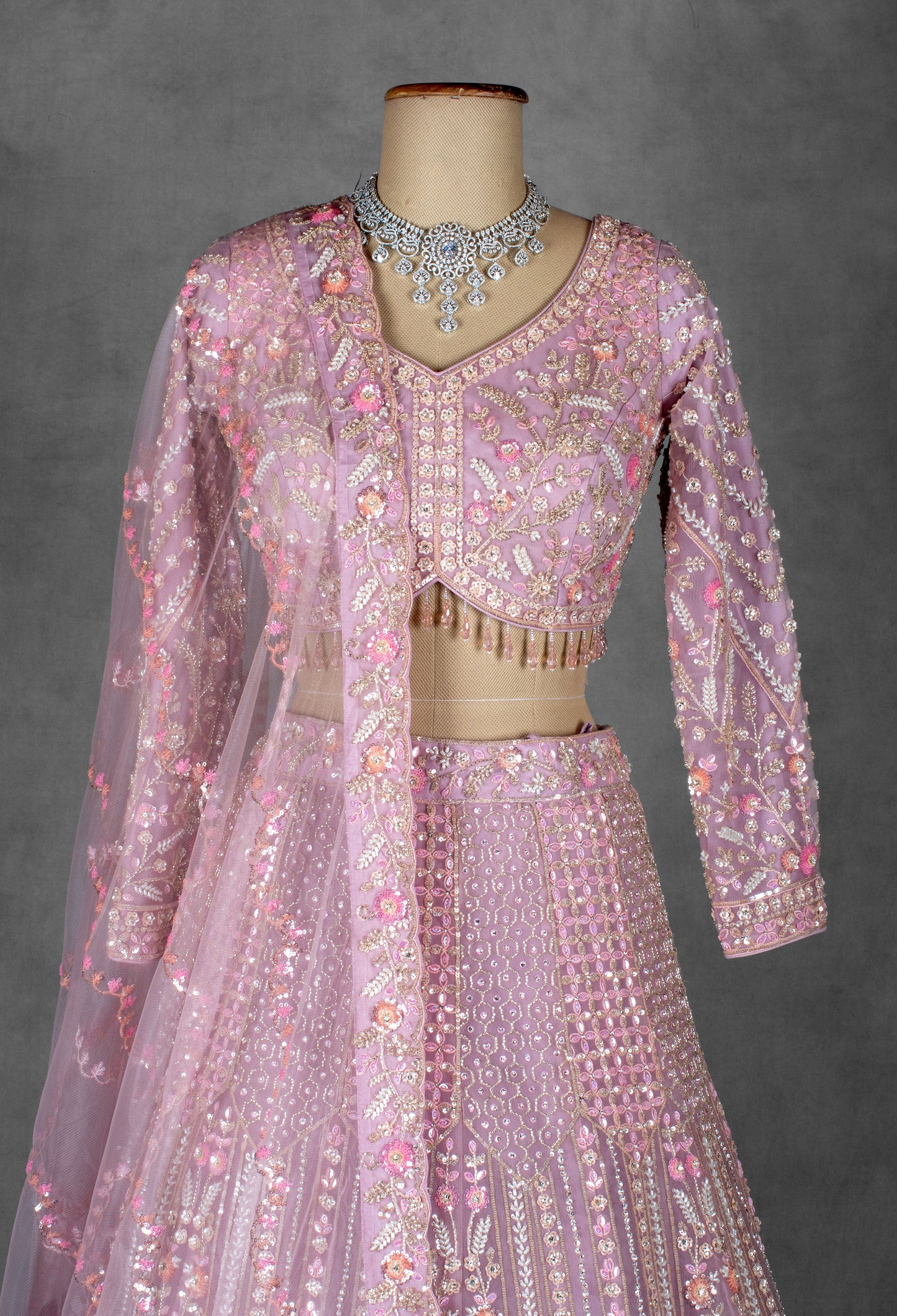Soft Pink Heavy Embroidered Crop Top Lehenga with Net Dupatta