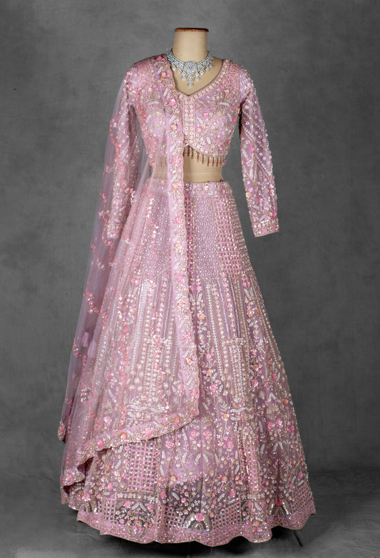 Soft Pink Heavy Embroidered Crop Top Lehenga with Net Dupatta