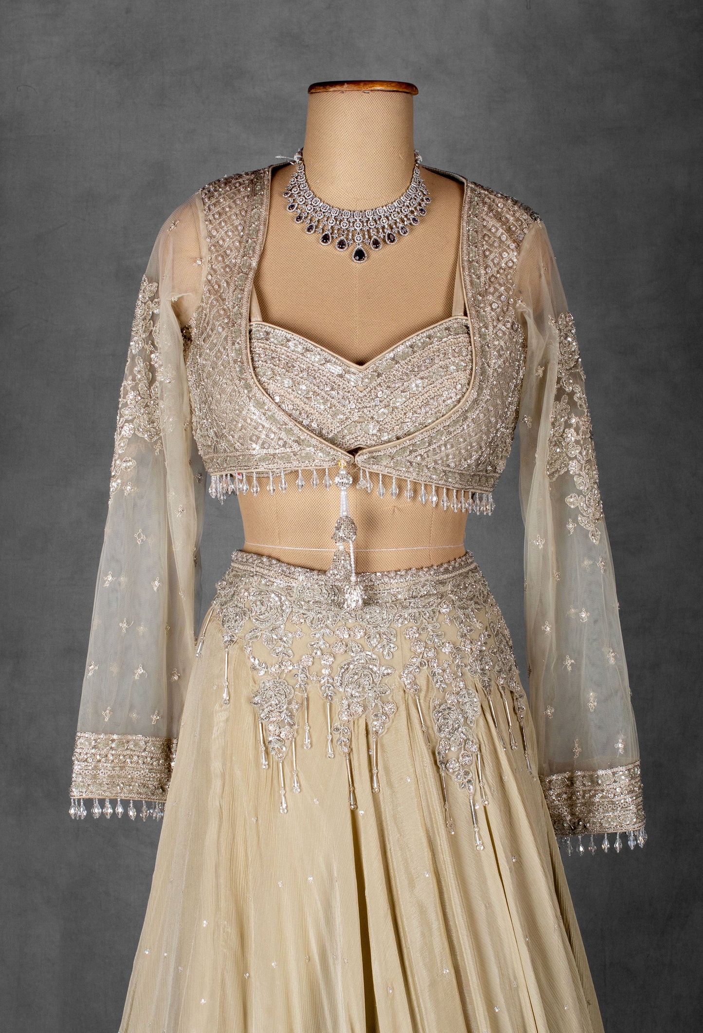 Champagne Gold Embellished Lehenga with Sheer Full-Sleeve Crop Top