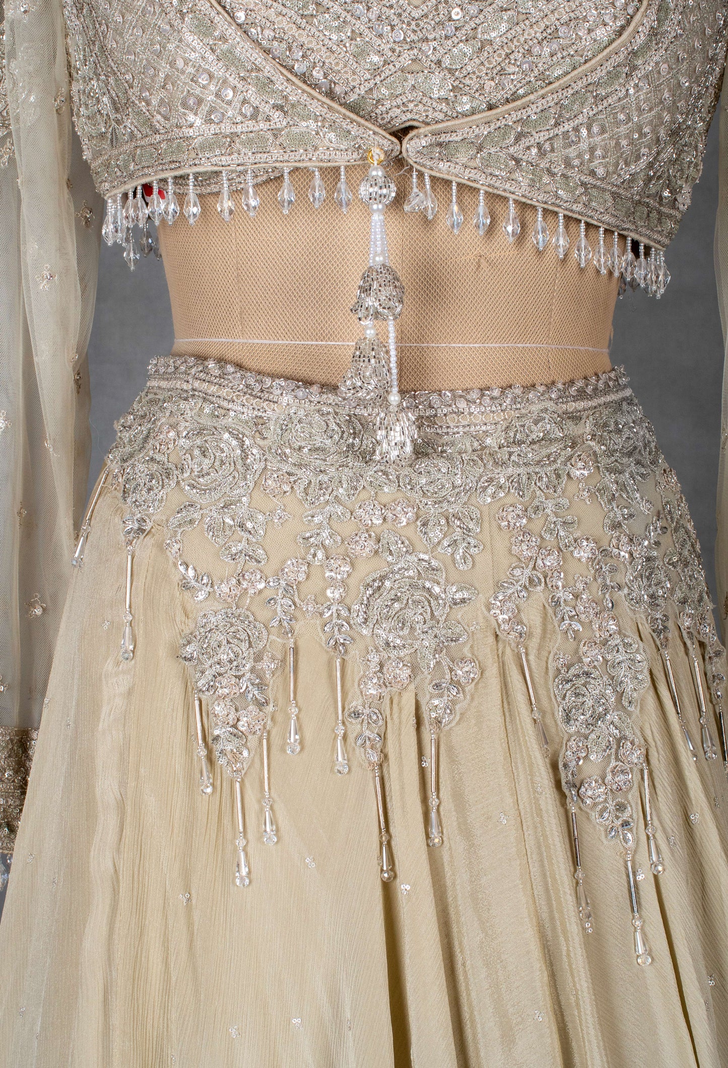 Champagne Gold Embellished Lehenga with Sheer Full-Sleeve Crop Top