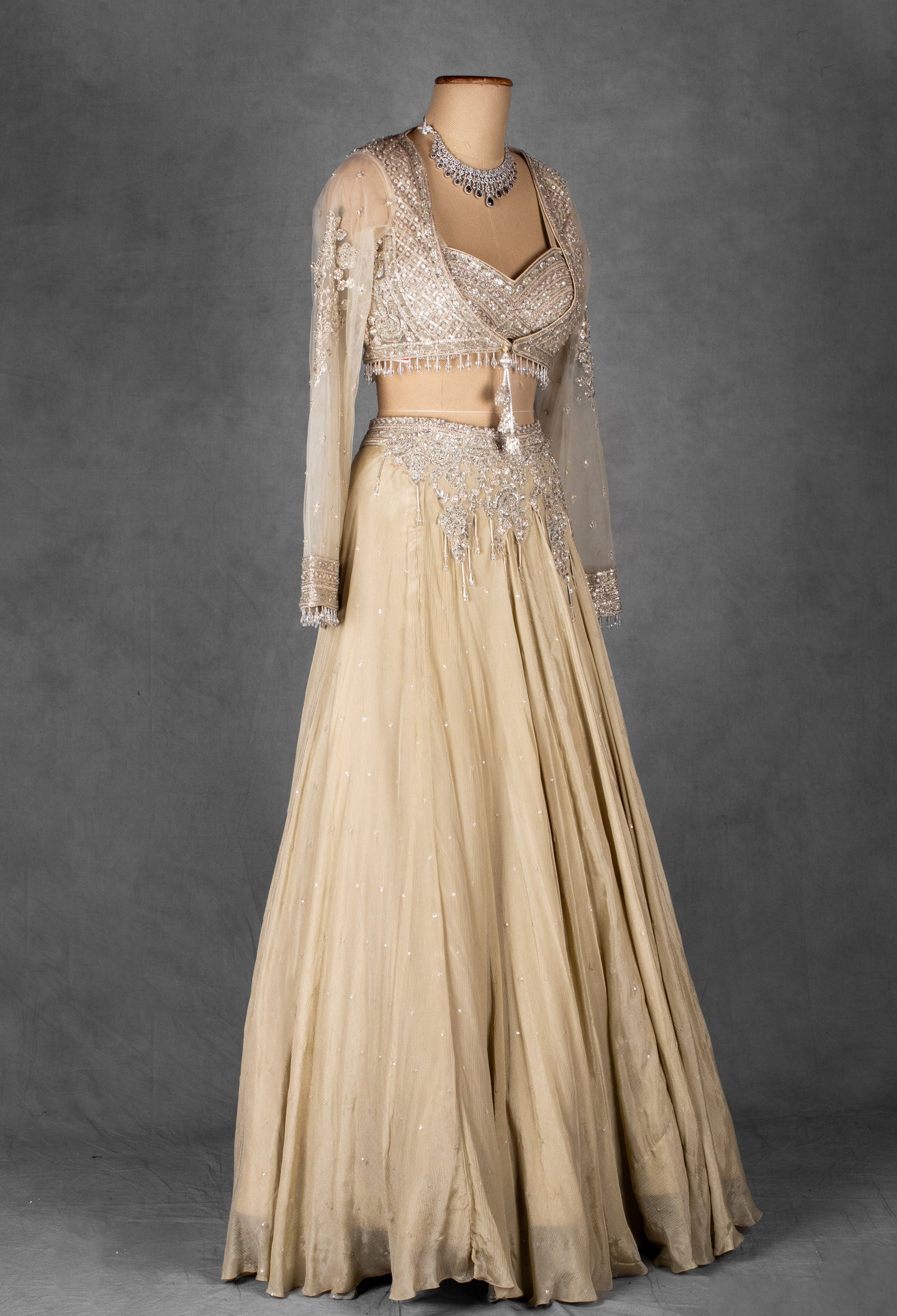 Champagne Gold Embellished Lehenga with Sheer Full-Sleeve Crop Top