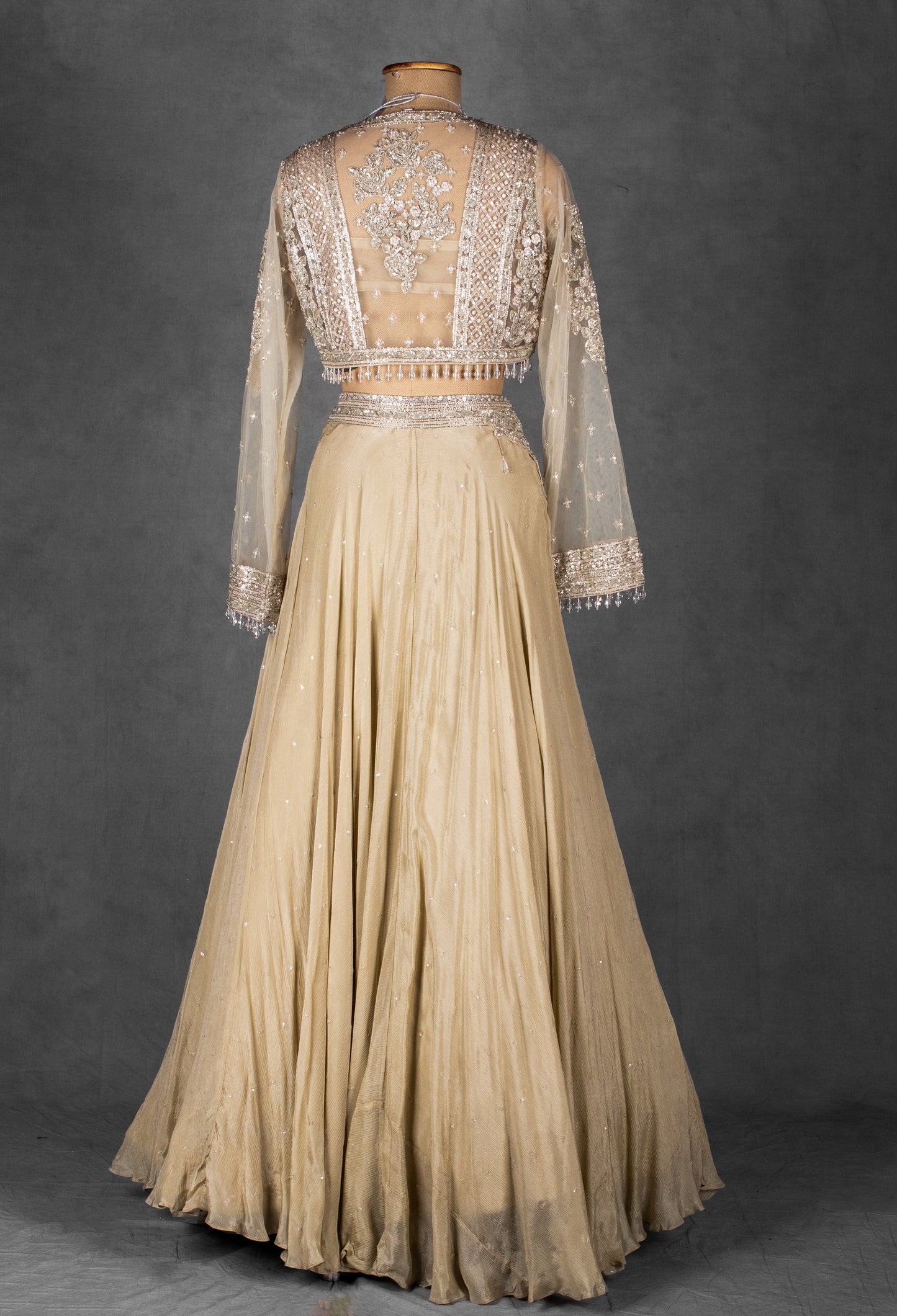 Champagne Gold Embellished Lehenga with Sheer Full-Sleeve Crop Top