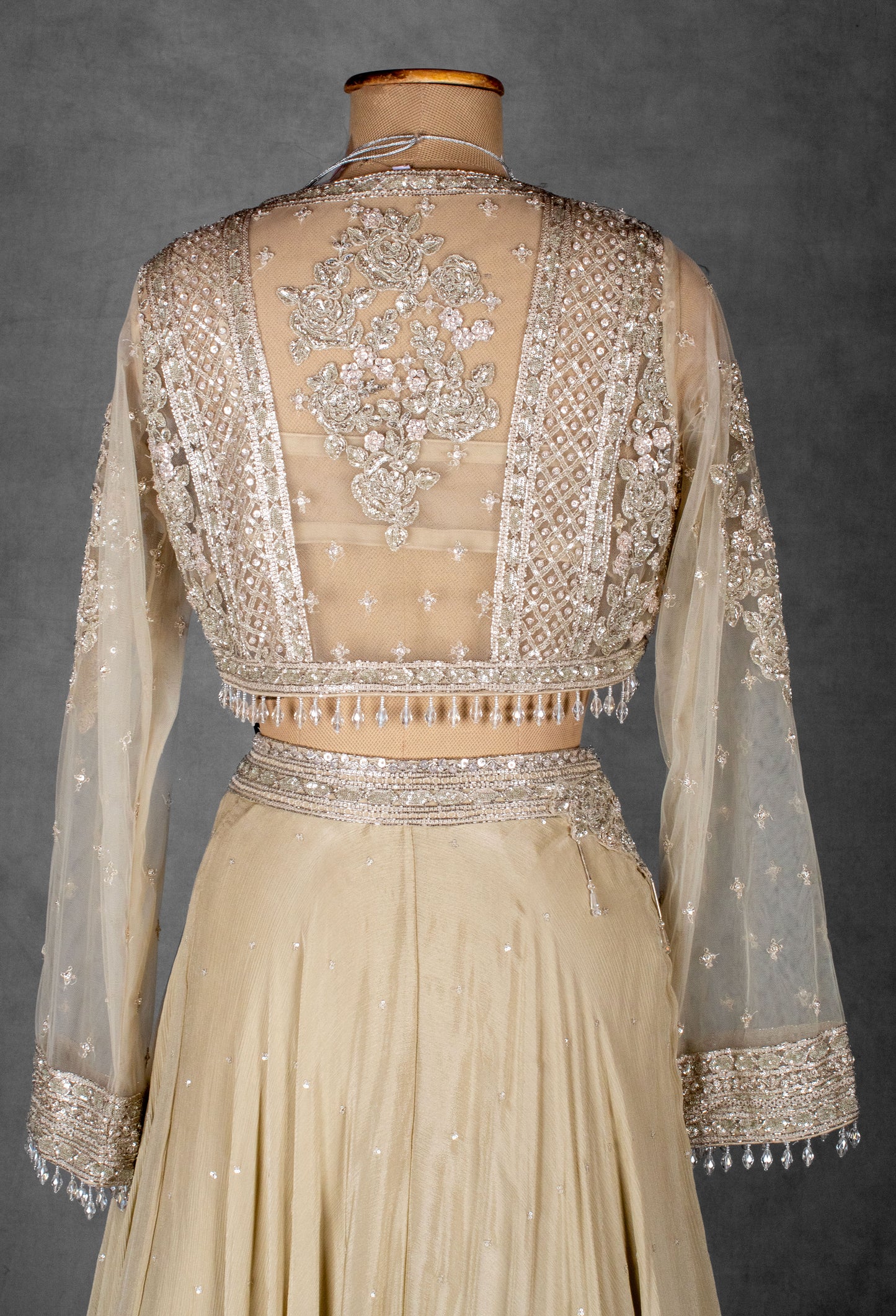 Champagne Gold Embellished Lehenga with Sheer Full-Sleeve Crop Top
