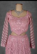 Rose Pink Heavy Embroidered Lehenga with Cold-Shoulder Crop Top & Net Dupatta