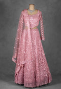 Rose Pink Heavy Embroidered Lehenga with Cold-Shoulder Crop Top & Net Dupatta