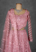 Rose Pink Heavy Embroidered Lehenga with Cold-Shoulder Crop Top & Net Dupatta