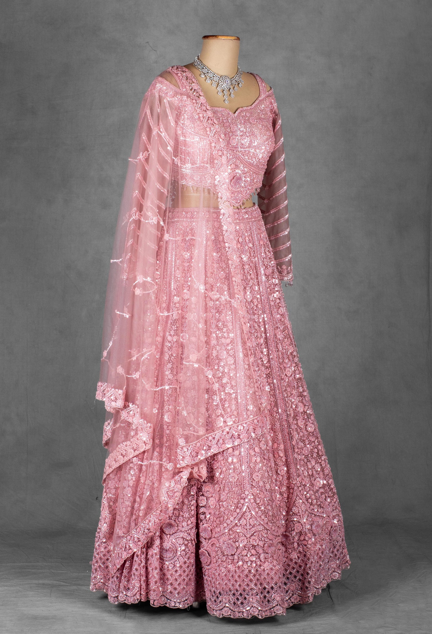 Rose Pink Heavy Embroidered Lehenga with Cold-Shoulder Crop Top & Net Dupatta