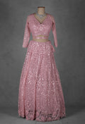 Pastel Pink Embroidered Crop Top Lehenga with Net Dupatta