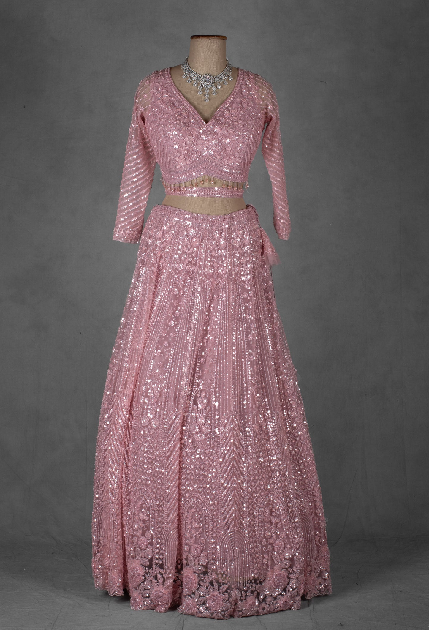 Pastel Pink Embroidered Crop Top Lehenga with Net Dupatta