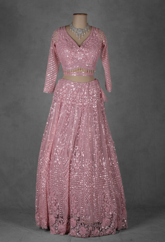 Pastel Pink Embroidered Crop Top Lehenga with Net Dupatta