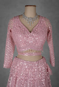 Pastel Pink Embroidered Crop Top Lehenga with Net Dupatta
