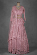 Pastel Pink Embroidered Crop Top Lehenga with Net Dupatta
