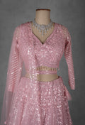 Pastel Pink Embroidered Crop Top Lehenga with Net Dupatta