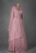 Pastel Pink Embroidered Crop Top Lehenga with Net Dupatta