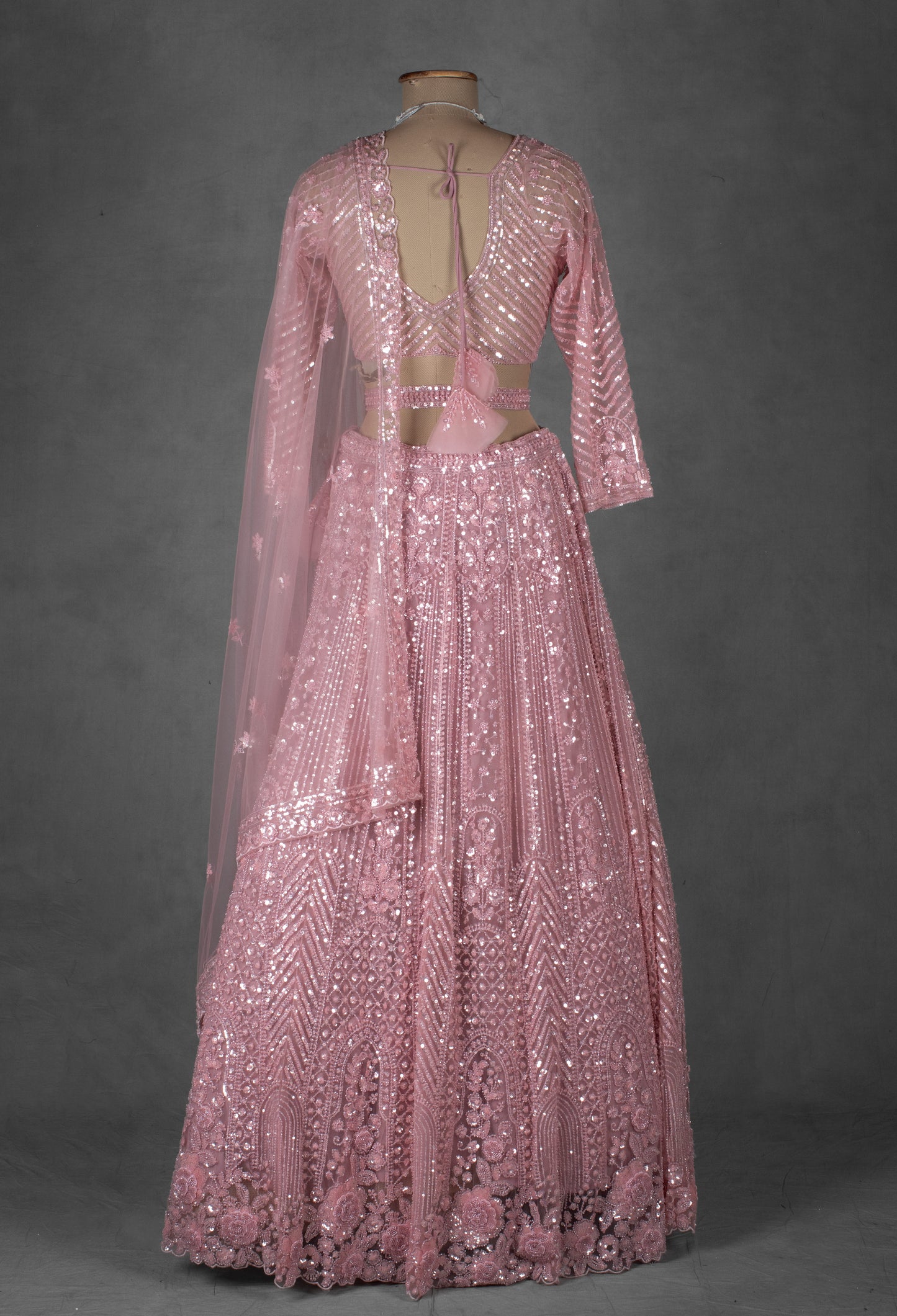 Pastel Pink Embroidered Crop Top Lehenga with Net Dupatta