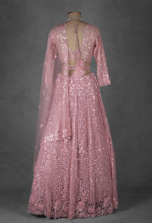 Pastel pink sequin embroidered crop top lehenga with net dupatta – product image 2