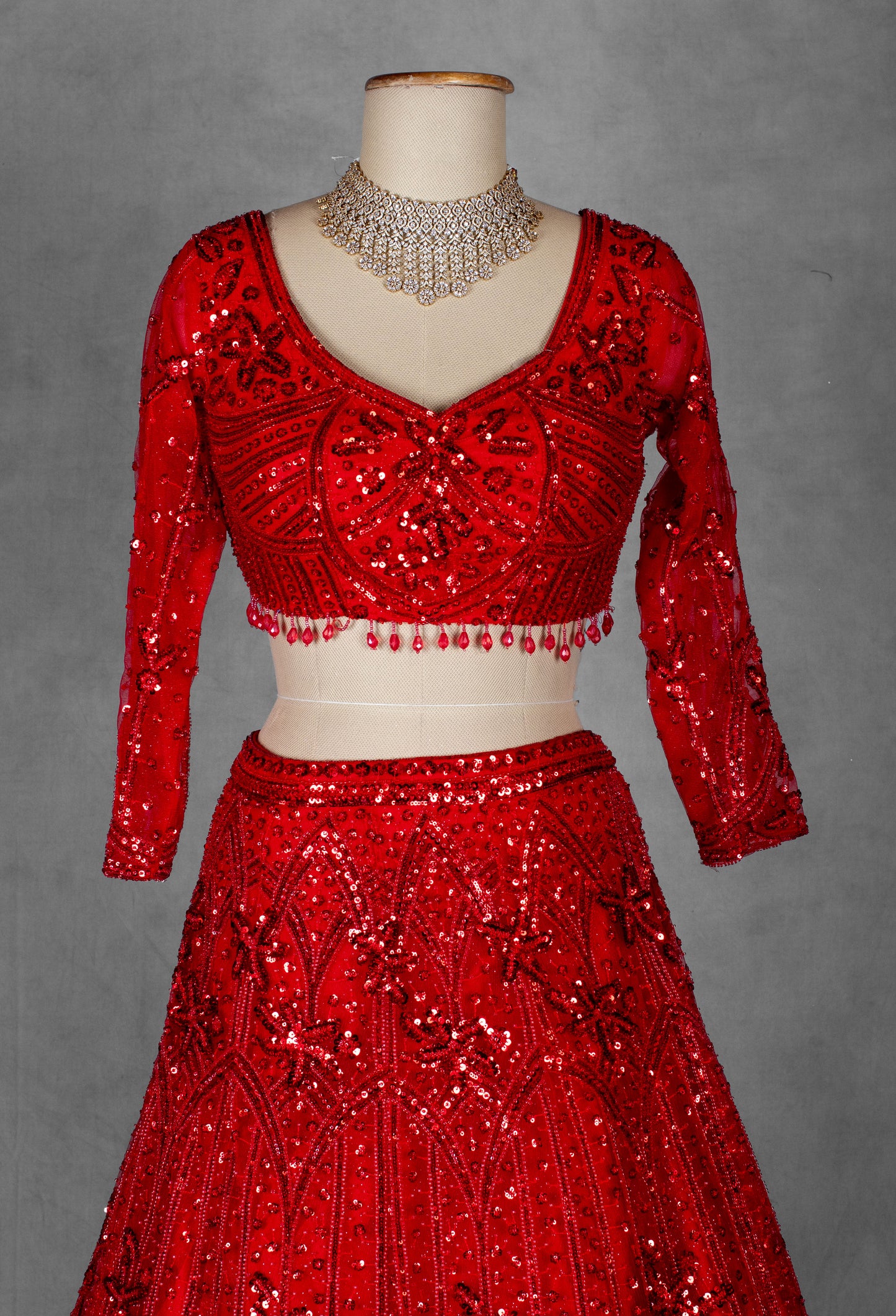 Red Embroidered Crop Top Lehenga with Net Dupatta – Designer Party & Wedding Wear
