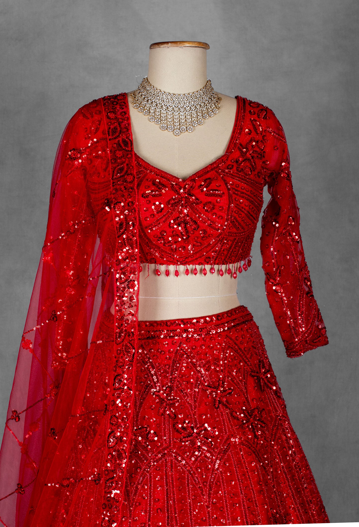 Red Embroidered Crop Top Lehenga with Net Dupatta – Designer Party & Wedding Wear