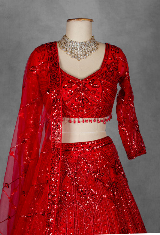 Red embroidered crop top lehenga with net dupatta – product view 2