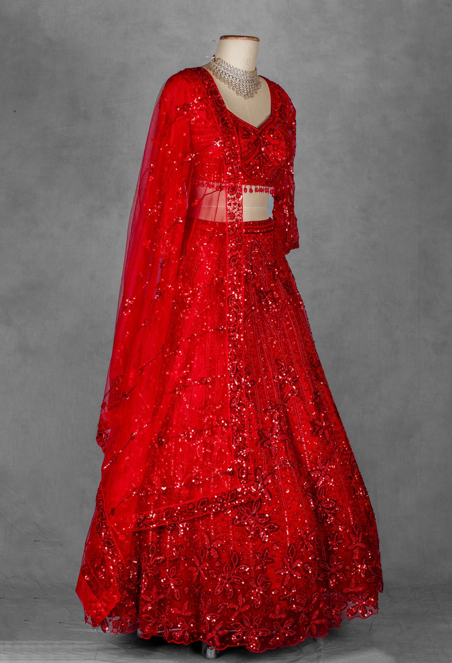 Red Embroidered Crop Top Lehenga with Net Dupatta – Designer Party & Wedding Wear