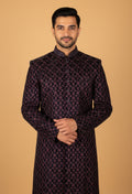 Regal Black Sherwani with Purple Floral Embroidery – Designer Ethnic Wear for Men