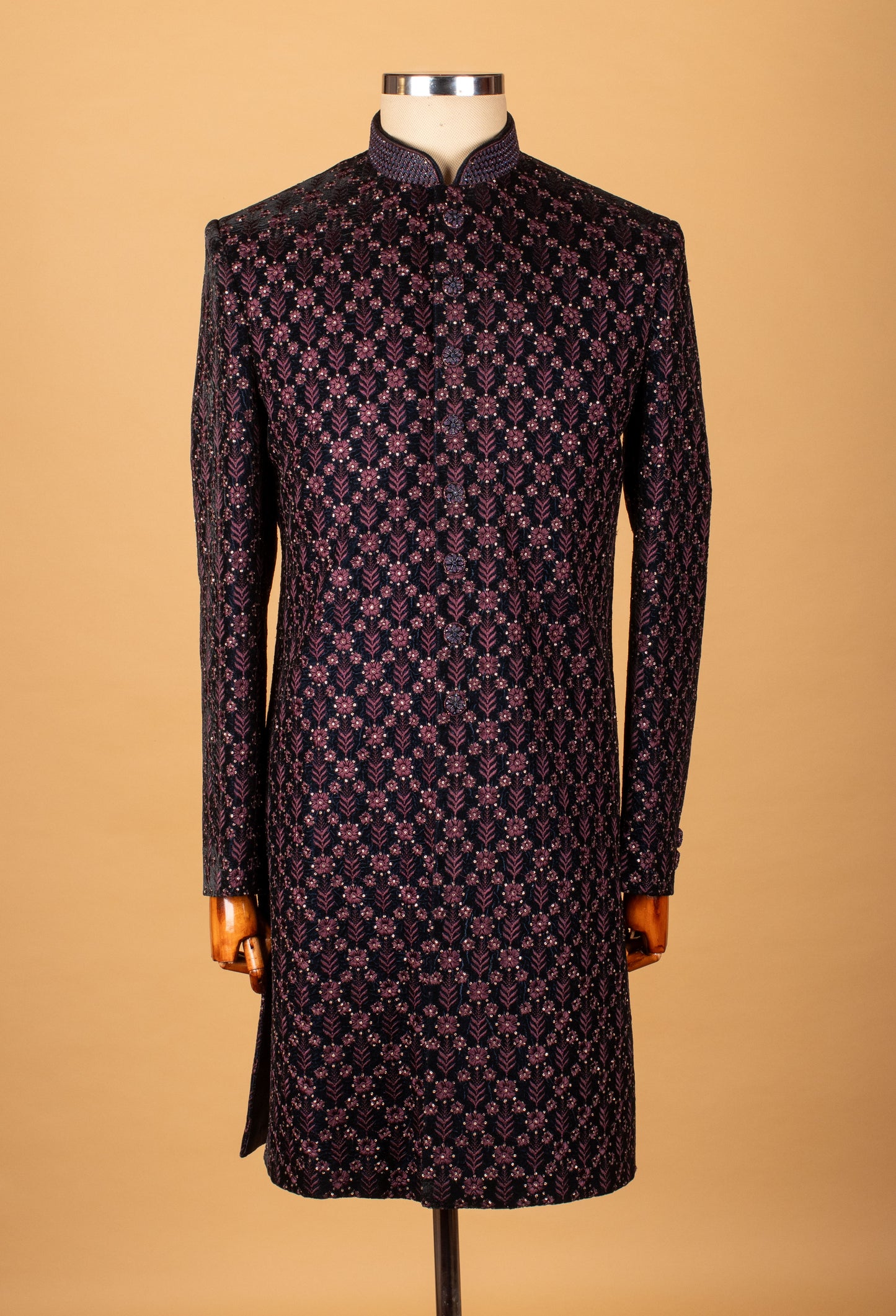 Regal Black Sherwani with Purple Floral Embroidery – Designer Ethnic Wear for Men