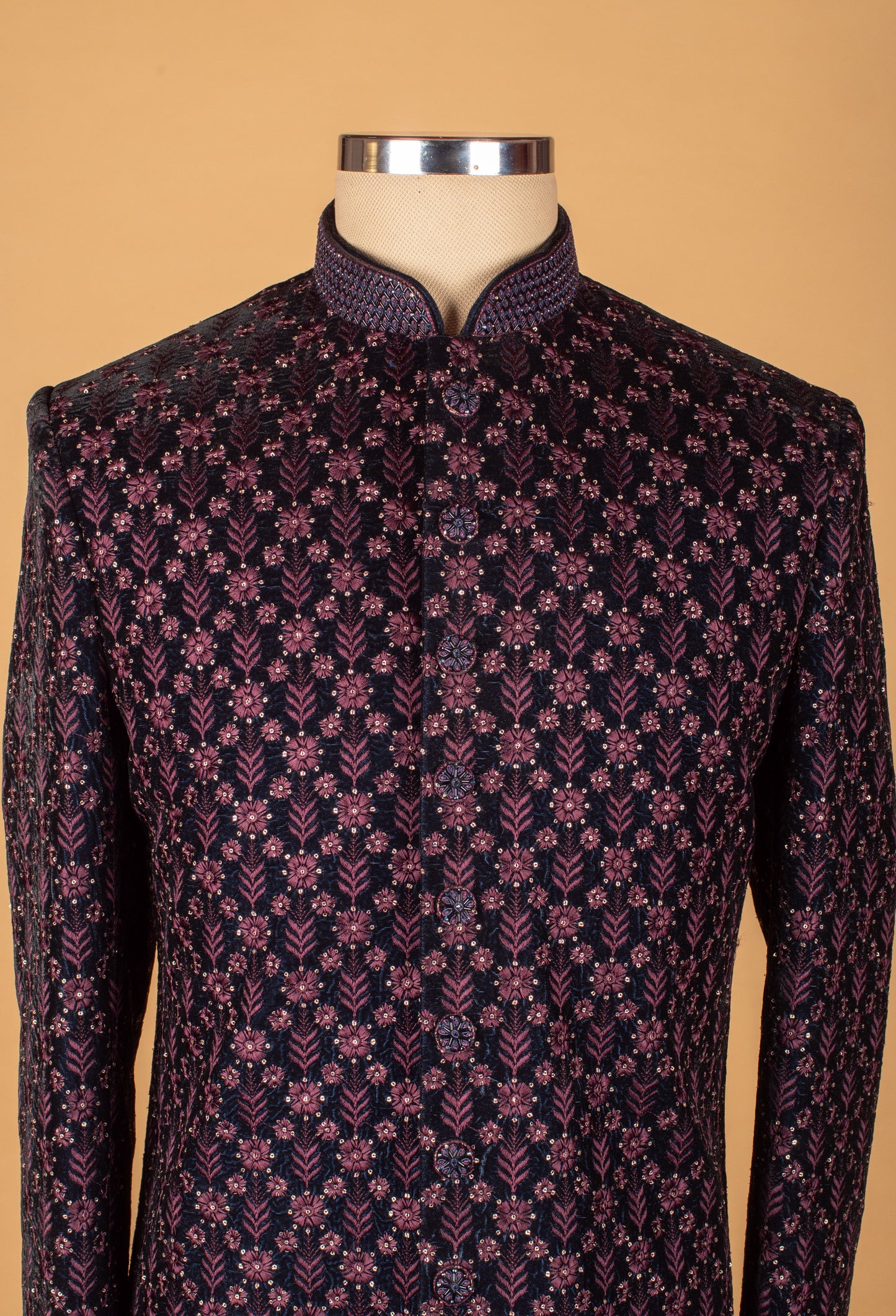 Regal Black Sherwani with Purple Floral Embroidery – Designer Ethnic Wear for Men