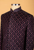 Regal Black Sherwani with Purple Floral Embroidery – Designer Ethnic Wear for Men