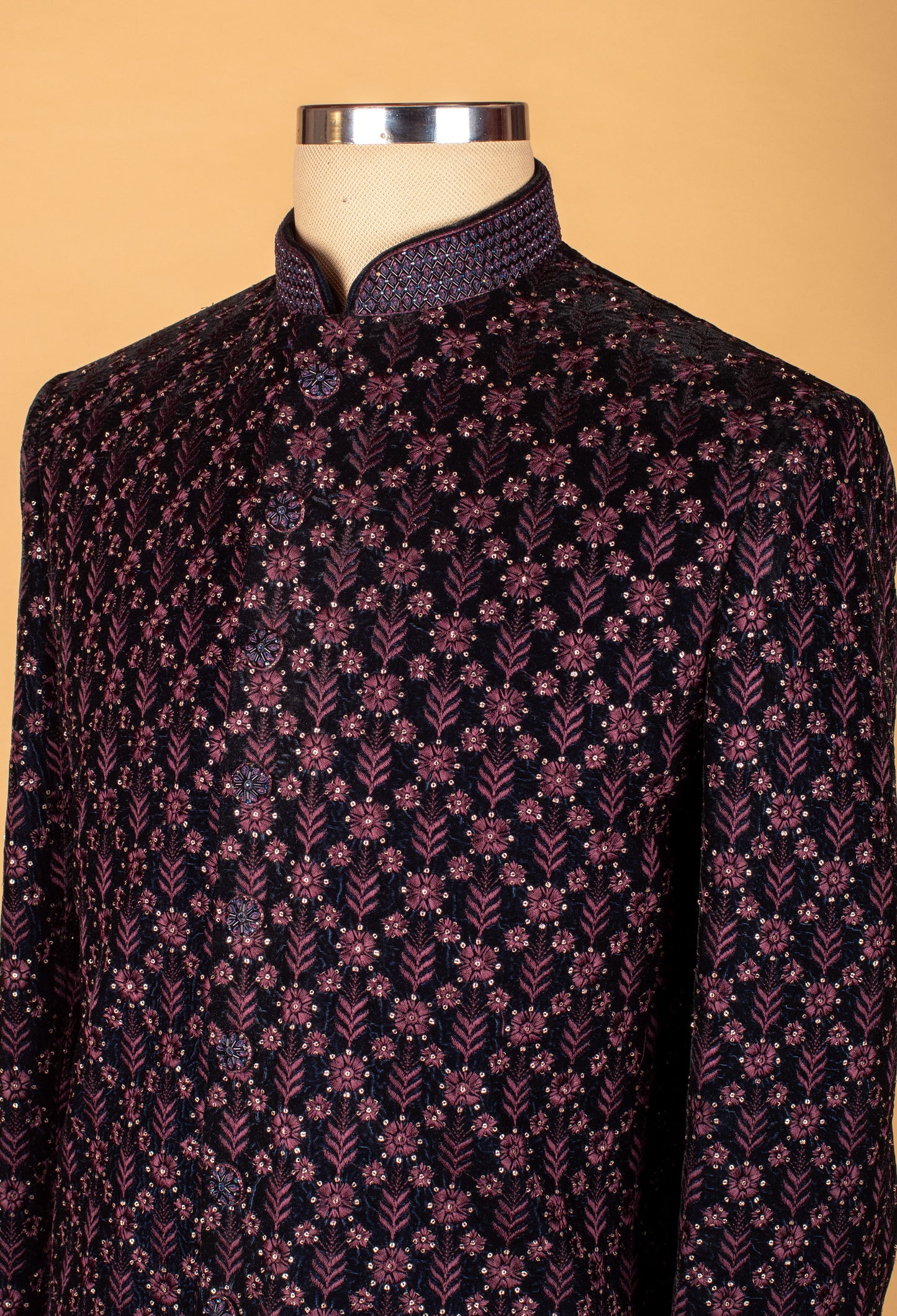 Regal Black Sherwani with Purple Floral Embroidery – Designer Ethnic Wear for Men